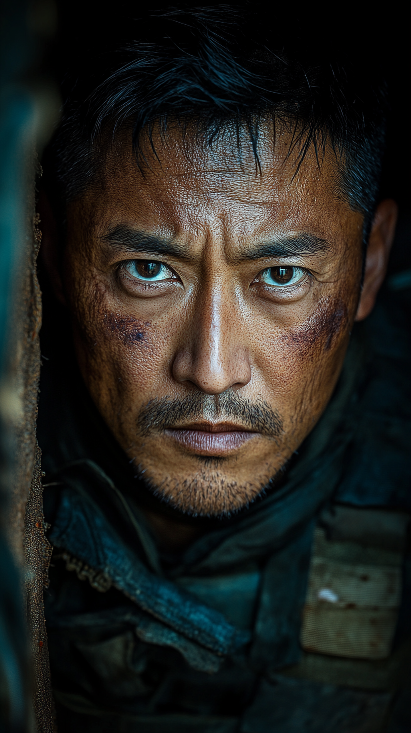 Chinese general, 52, tall, lean, muscular, black hair, dark eyes, scar, weathered face, left figure.