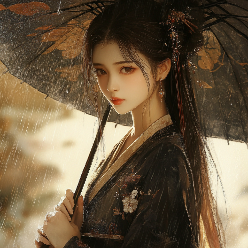 Chinese girl in Tang clothing holding umbrella in rain.