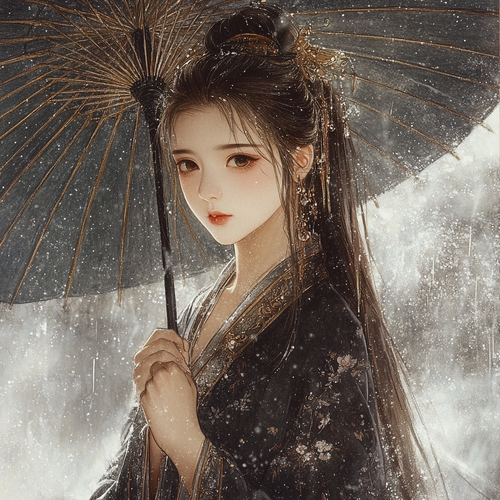 Chinese girl in Tang costume holding umbrella under rain.