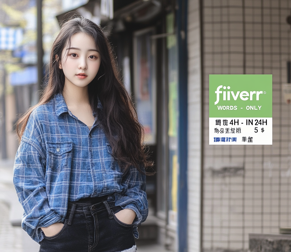 Chinese girl in plaid shirt at Fiverr cafe.