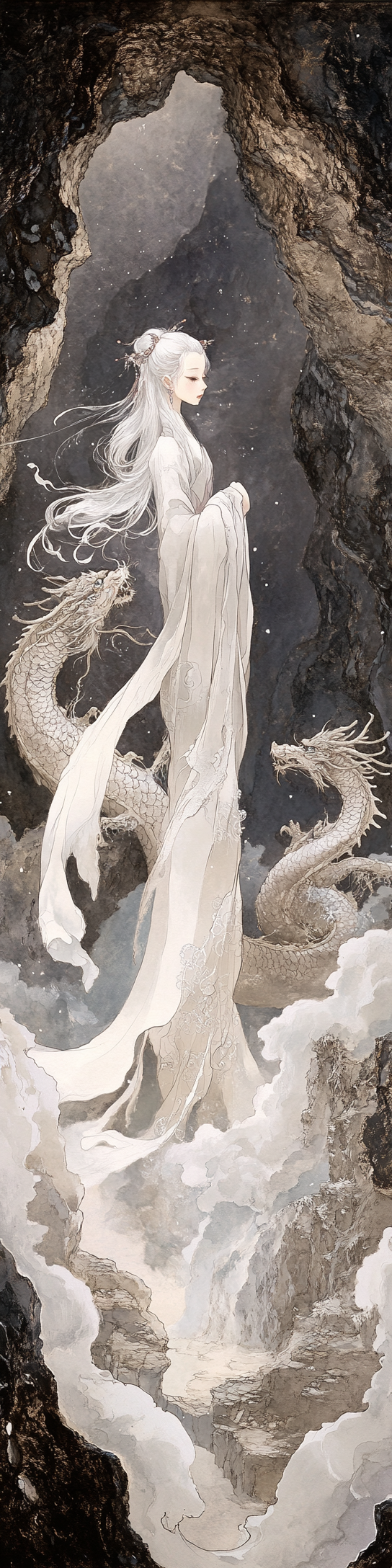 Chinese girl with white hair and dragon in cave.