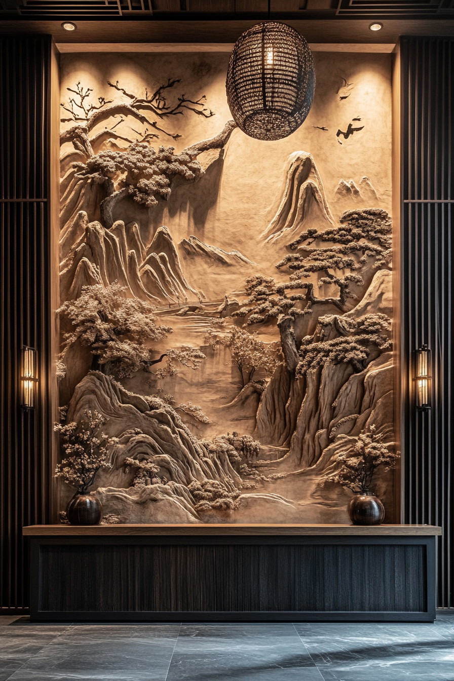 Chinese landscape relief dominates hotel lobby wall decoration.