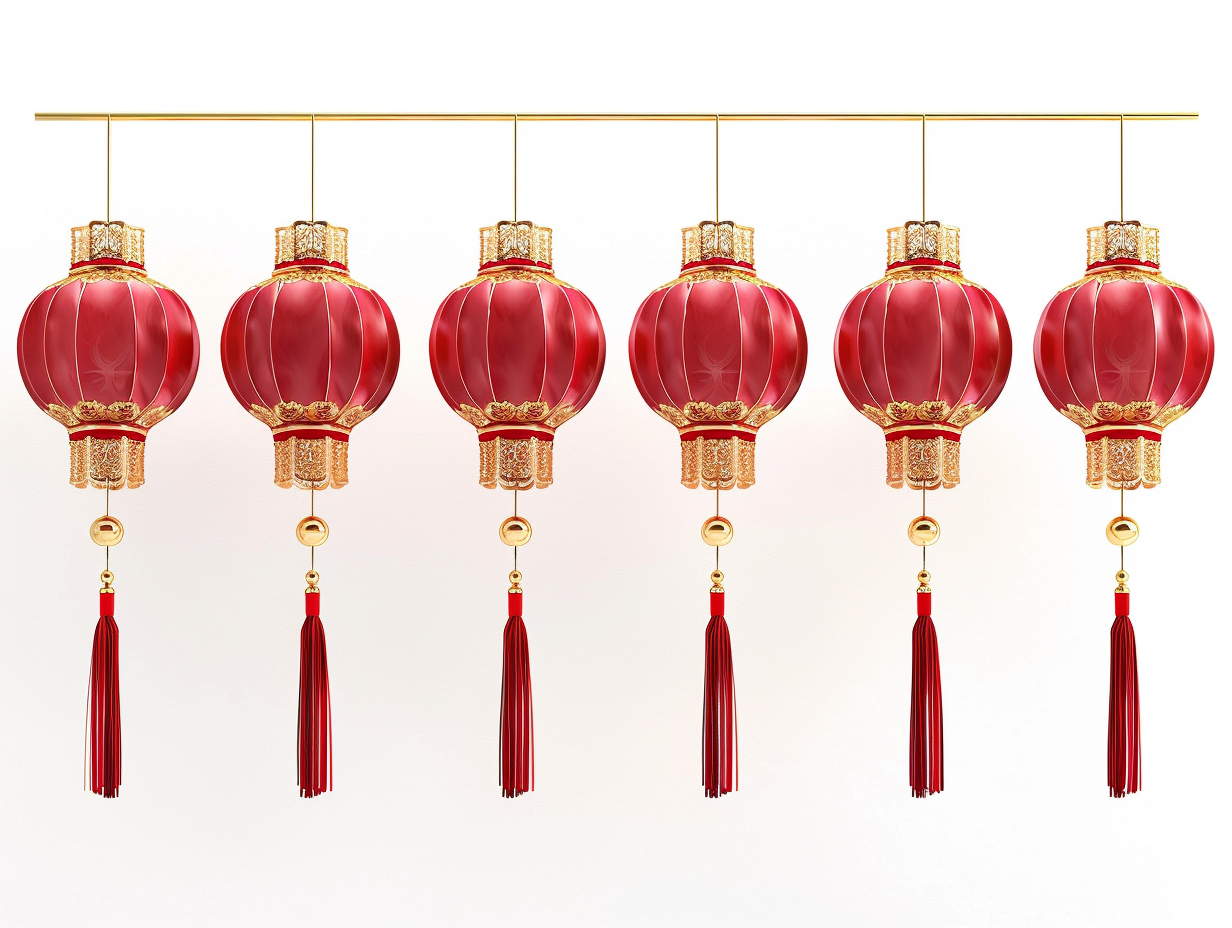 Chinese lanterns hanging symmetrically, intricate gold details, white background.