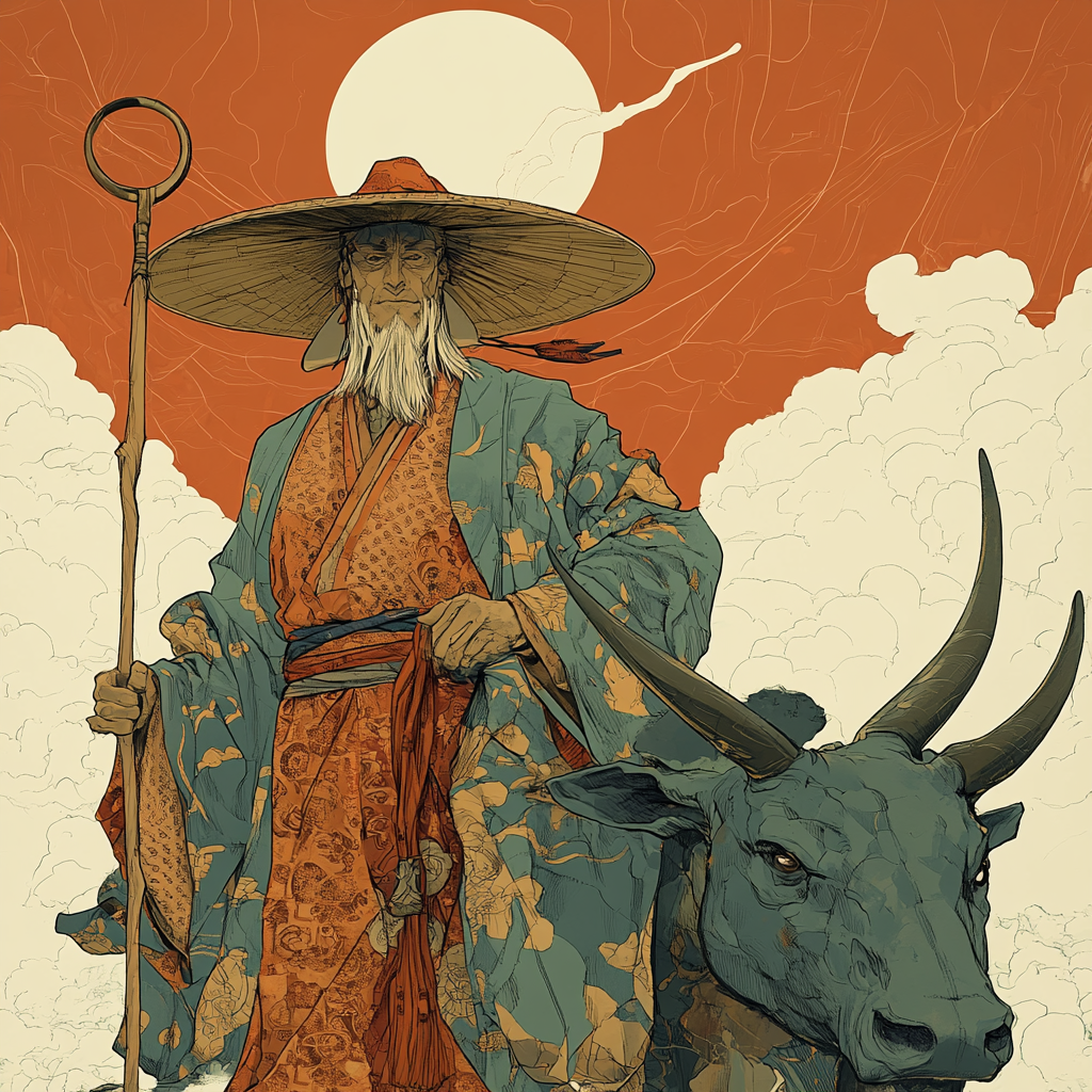 Chinese monk in quilted robe and large hat riding ox.