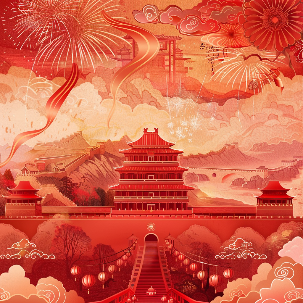 Chinese red background, gradient to enhance dimension, fireworks, ribbons.