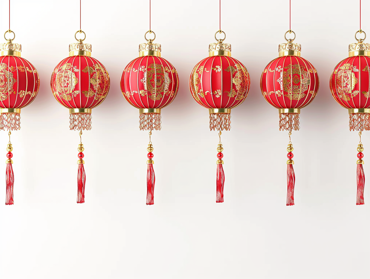 Chinese red lanterns, golden patterns, tassels, elegant design, symmetry.