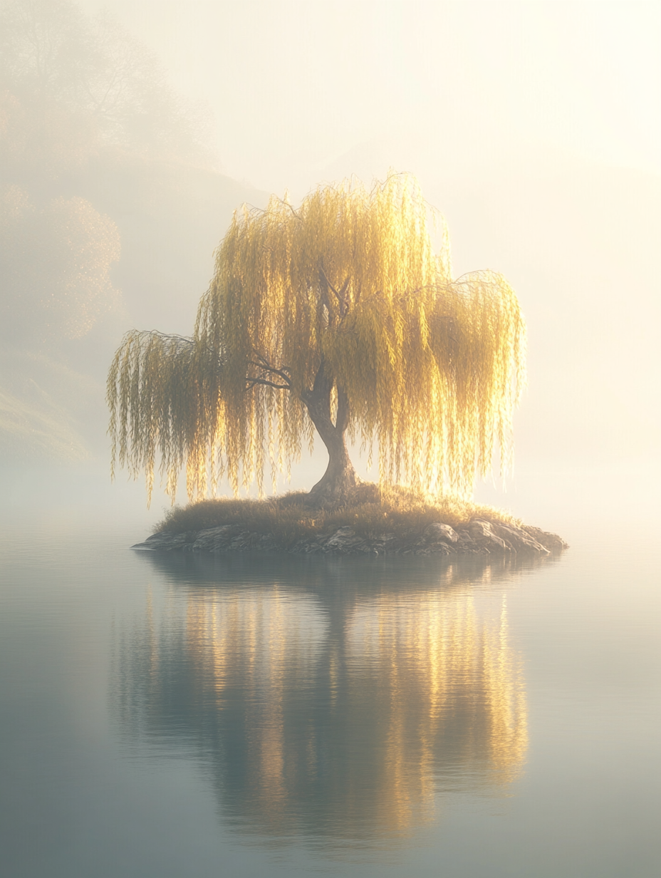 Chinese style golden light weeping willow on island.