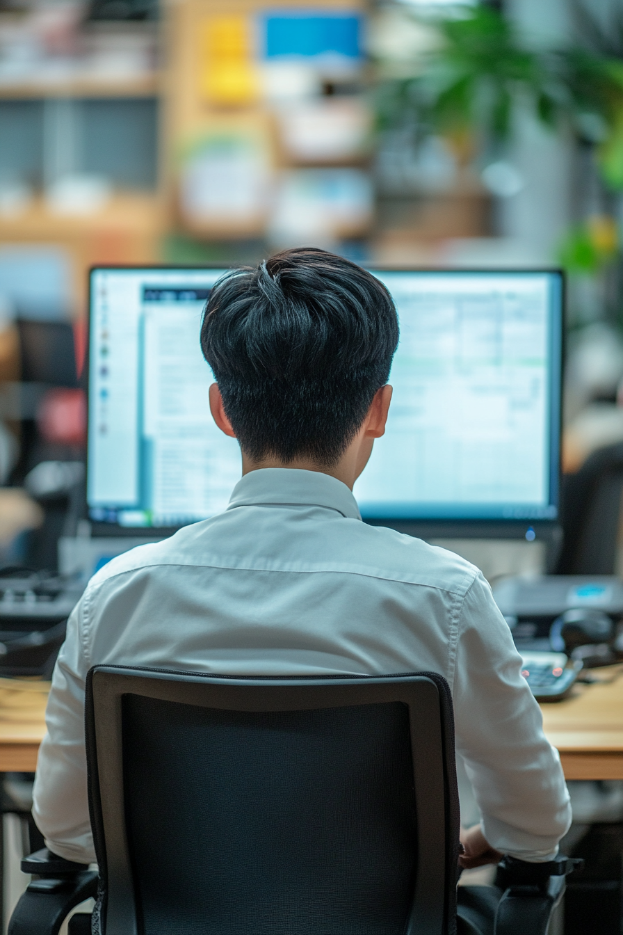 Chinese teacher at desk facing office monitor screen.