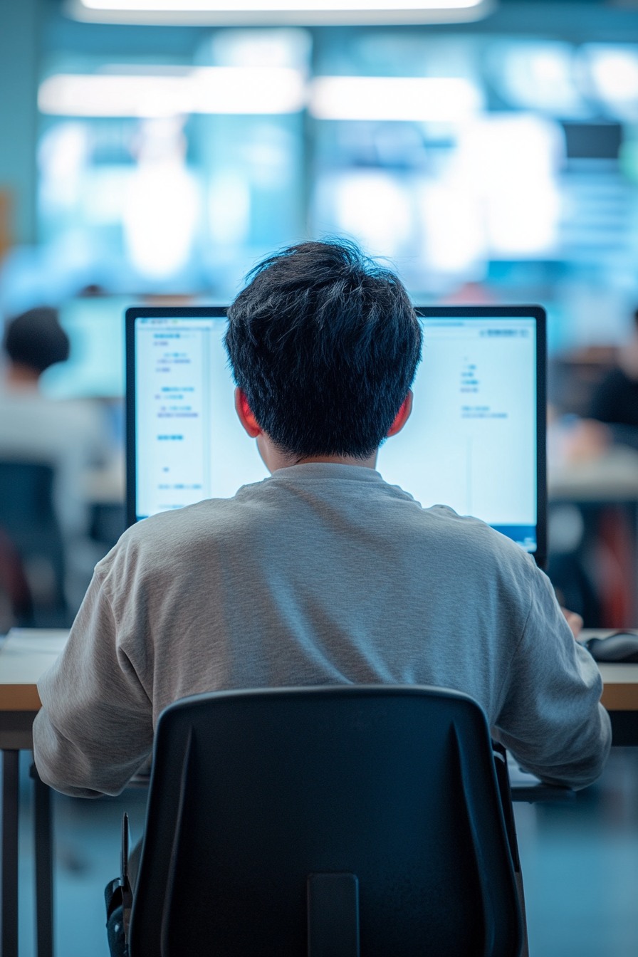 Chinese teacher working at desk in office. Camera focuses on teacher using SONY α9 III.