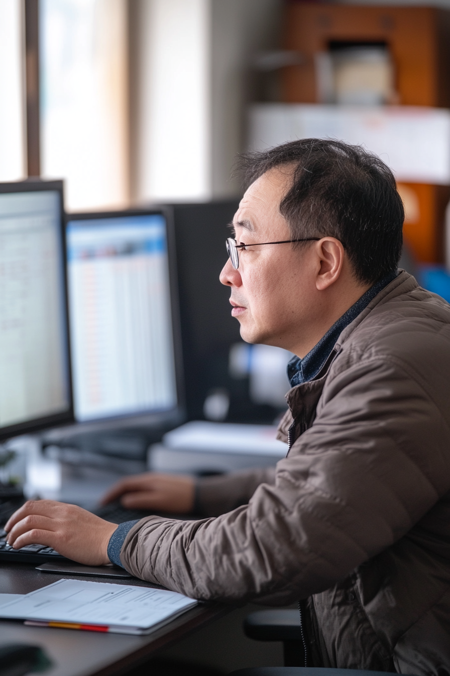 Chinese teacher working at desk in professional office setting.