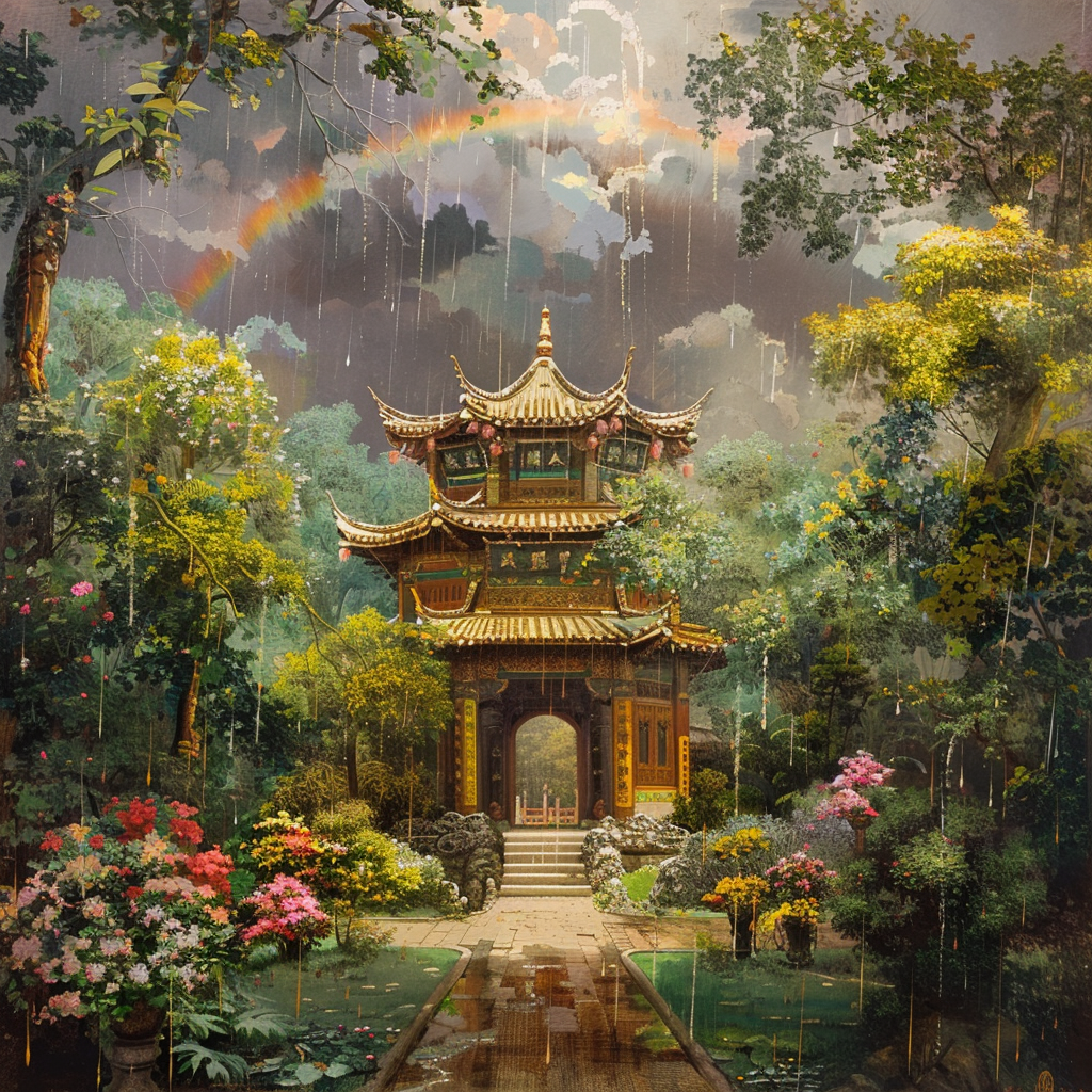 Chinese temple surrounded by Buddha trees in rainy mystique.