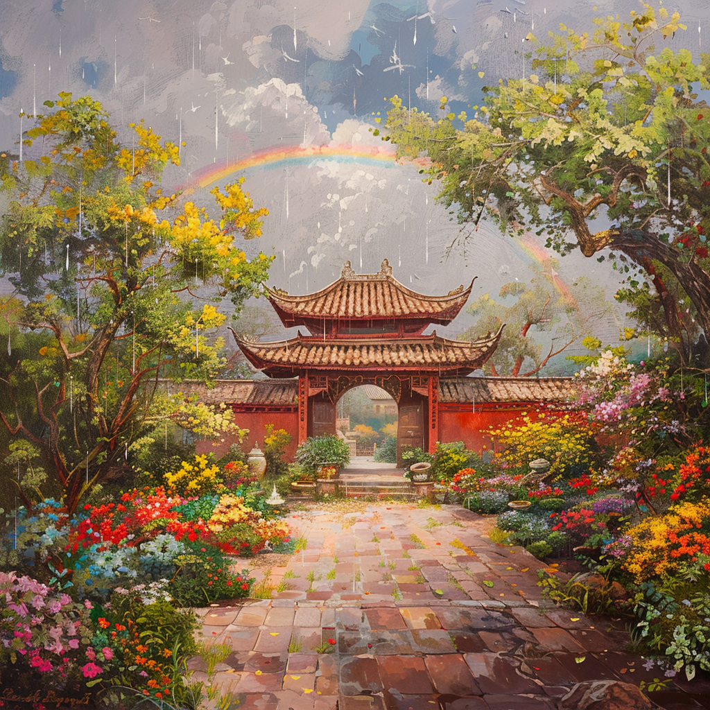 Chinese temple with Buddha trees, sweet flower scent, rainbow rain.