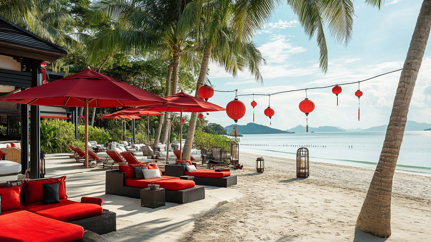 Chinese-themed beach club with red and black decor