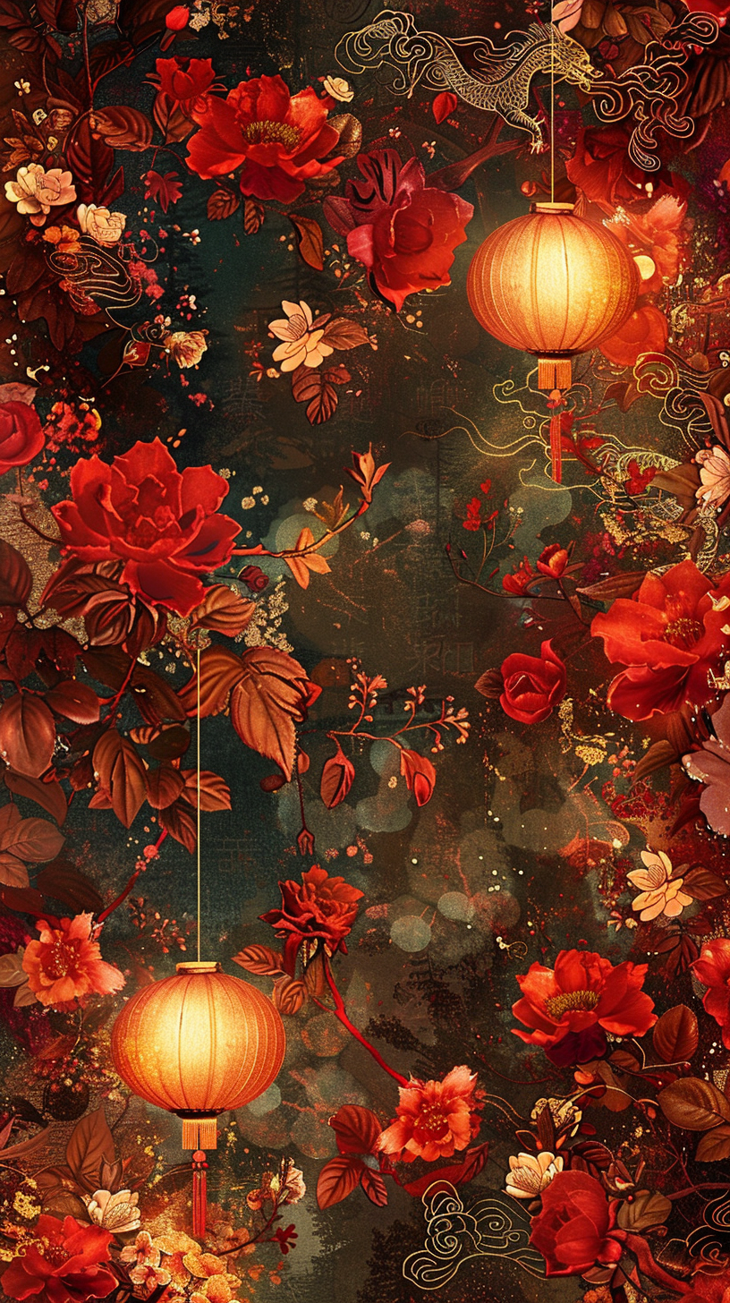 Chinese-themed wallpaper with lanterns, dragons, and cherry blossoms.