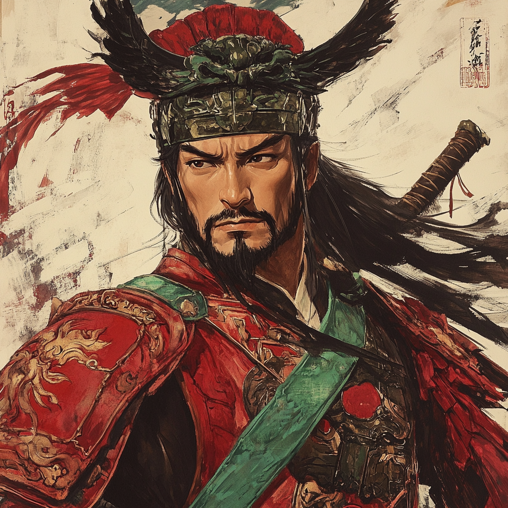 Chinese warrior in red armor and helmet. Phoenix, lion, wolf.