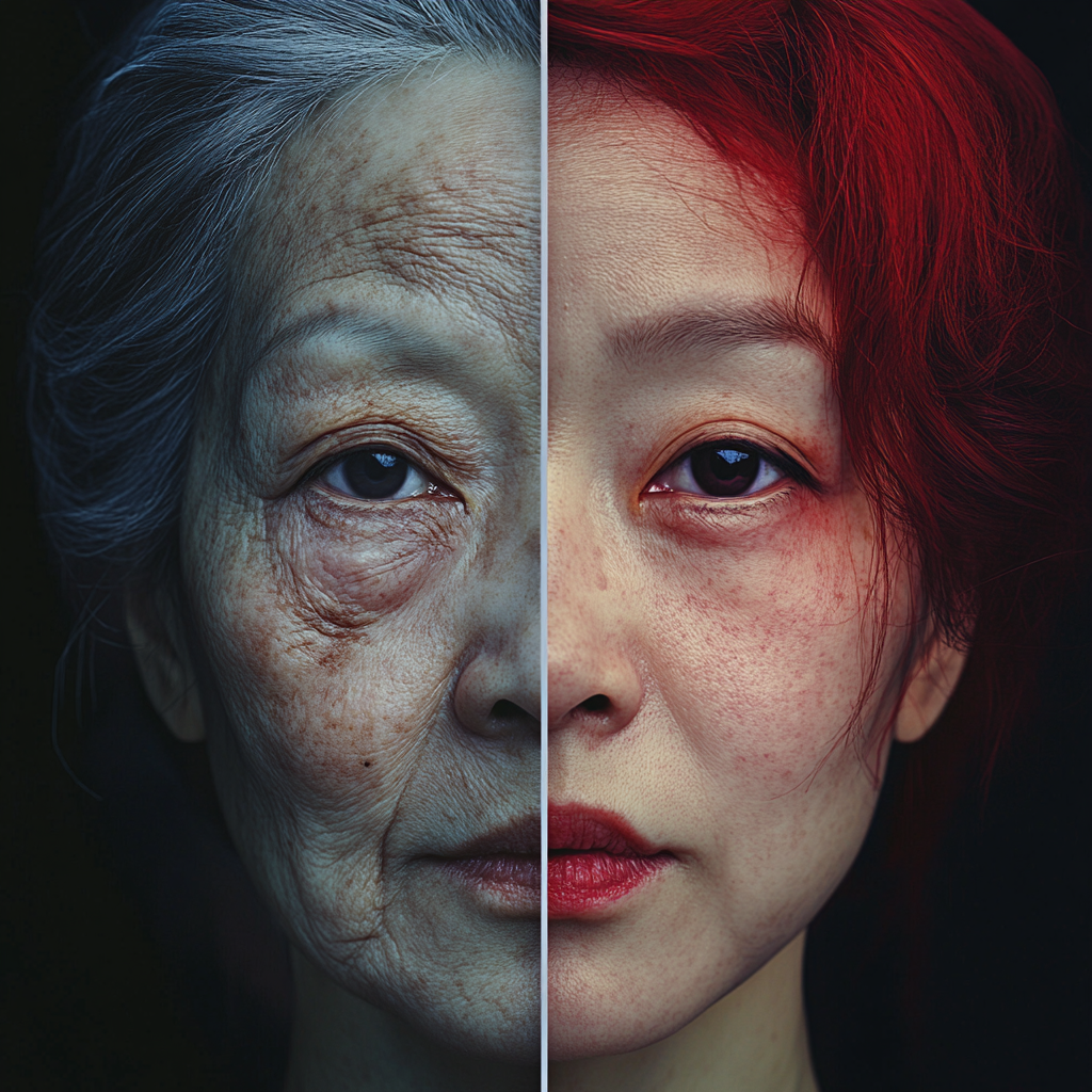 Chinese woman's face; older side with wrinkles, younger side with smooth skin, strong gaze, photorealistic.