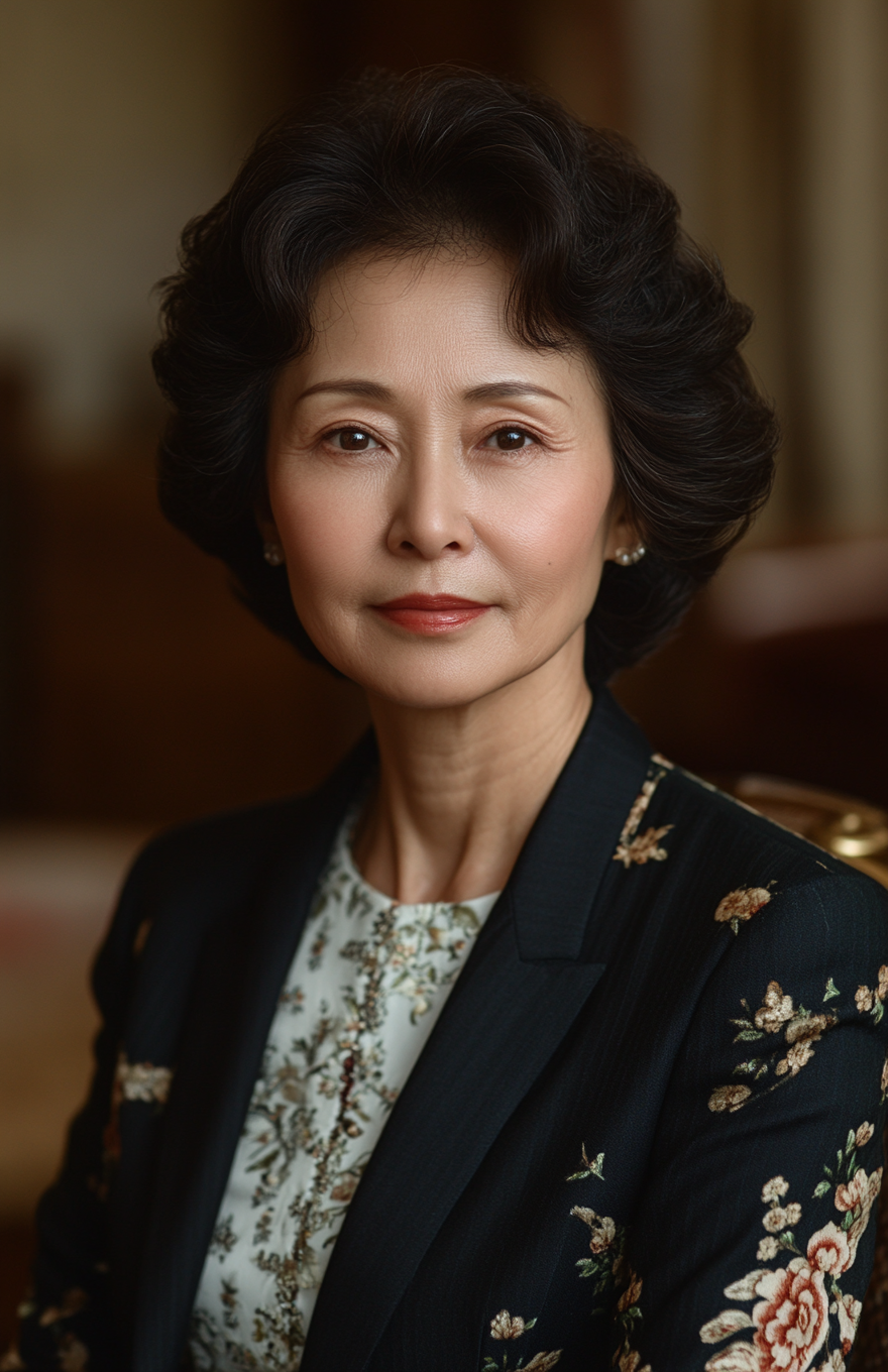 Chinese woman in forties, short hair, black suit, white dress.