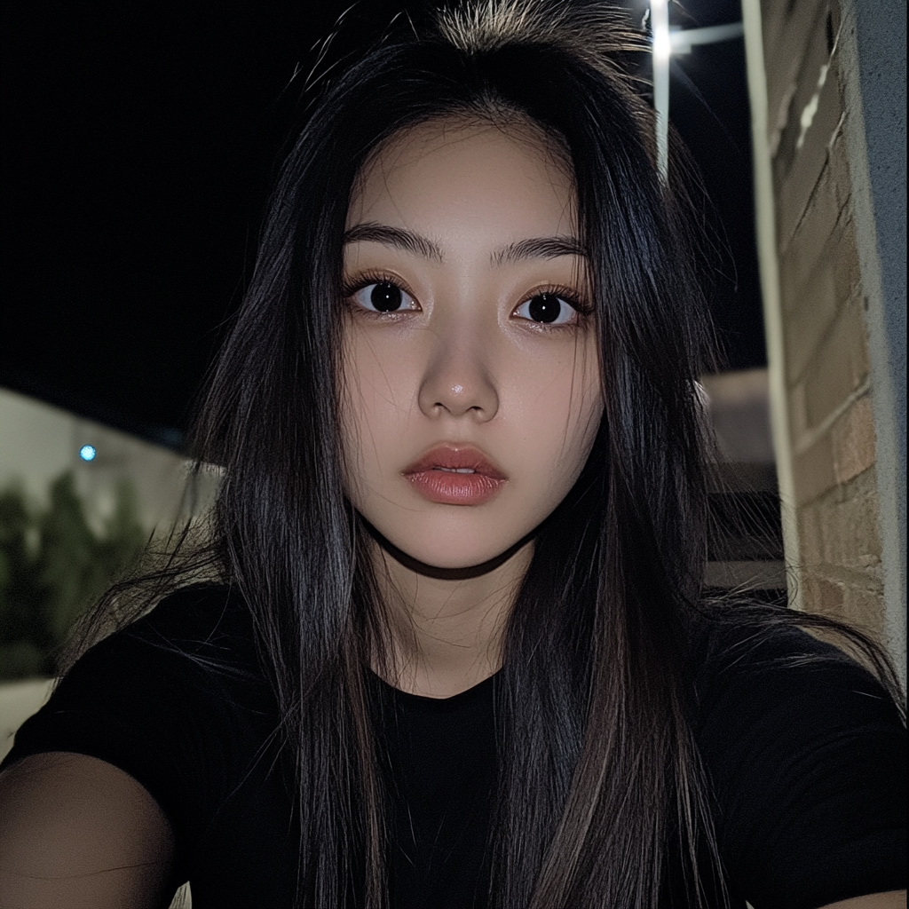 Chinese woman taking selfie at night in Sydney.