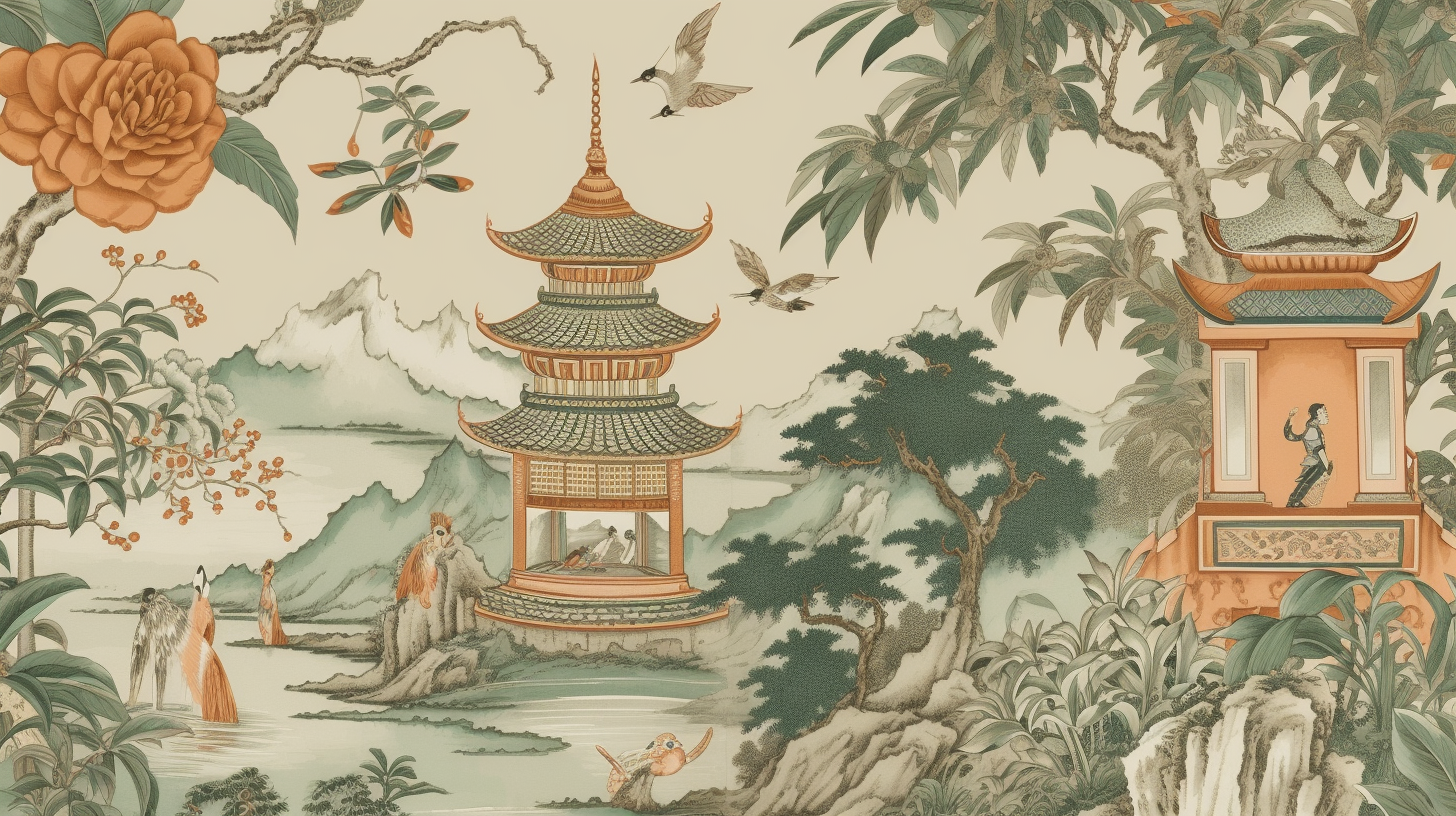 Chinoiserie-inspired wallpaper: pagoda, elephant, tiger in jungle