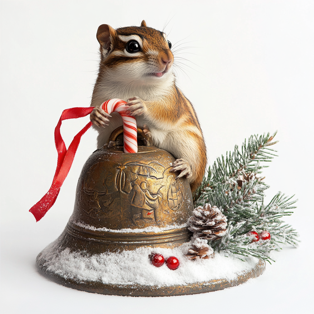 Chipmunk holding candy cane on Christmas bell