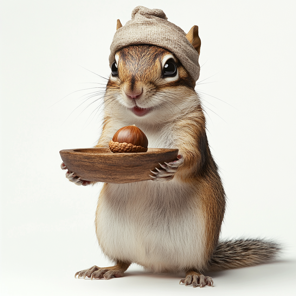 Chipmunk holding wood tray with acorn, medieval cloth Hennin.