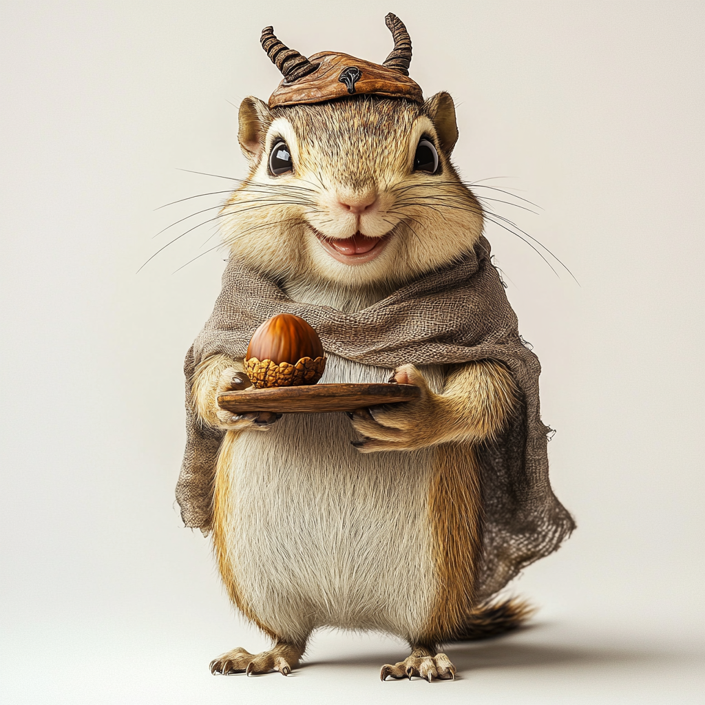 Chipmunk wearing Hennin holds acorn on wood tray