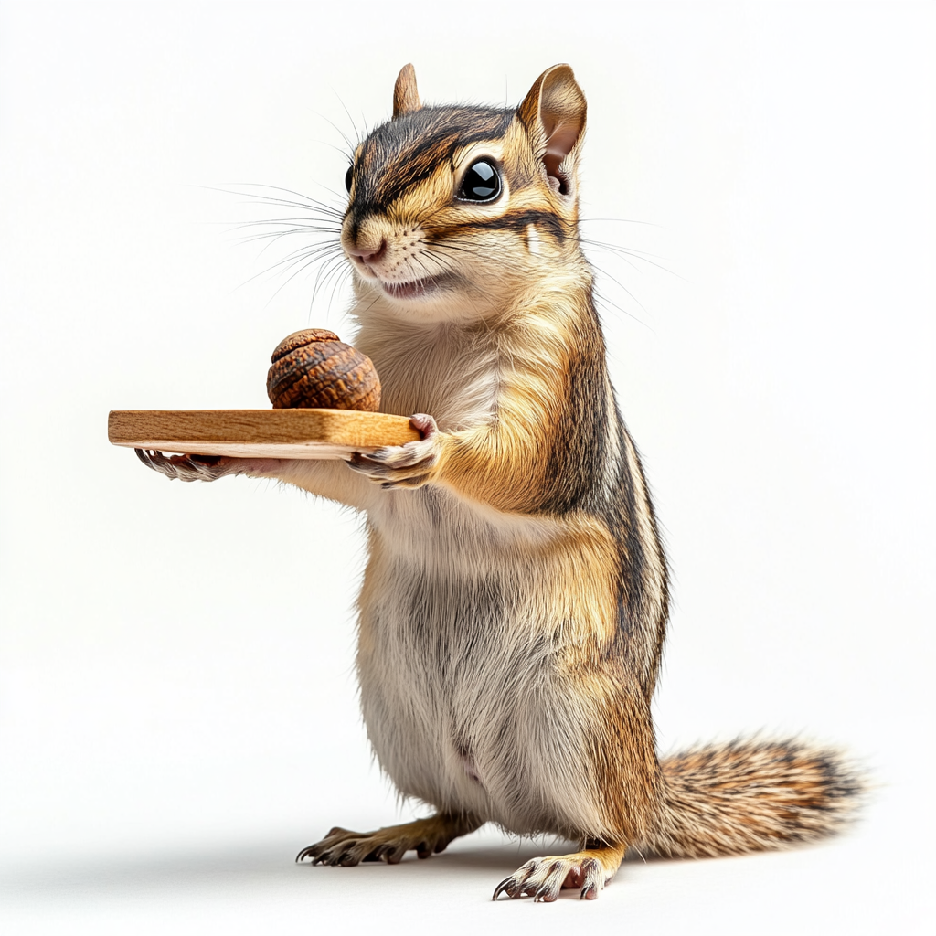 Chipmunk with tray holding acorn, smiling, wearing headgear.