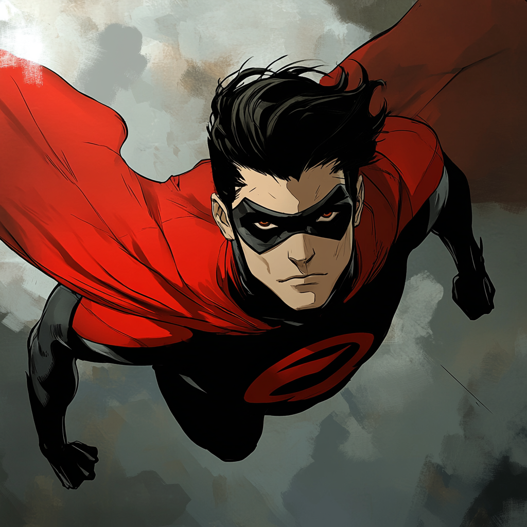 Chiseled jawed hero flying in comic book style.