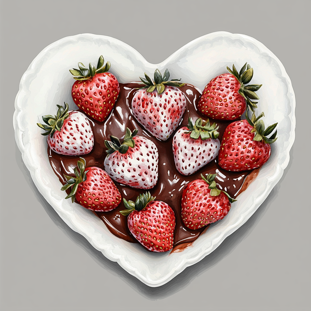 Chocolate-Covered Strawberries in Heart-Shaped Porcelain Bowl