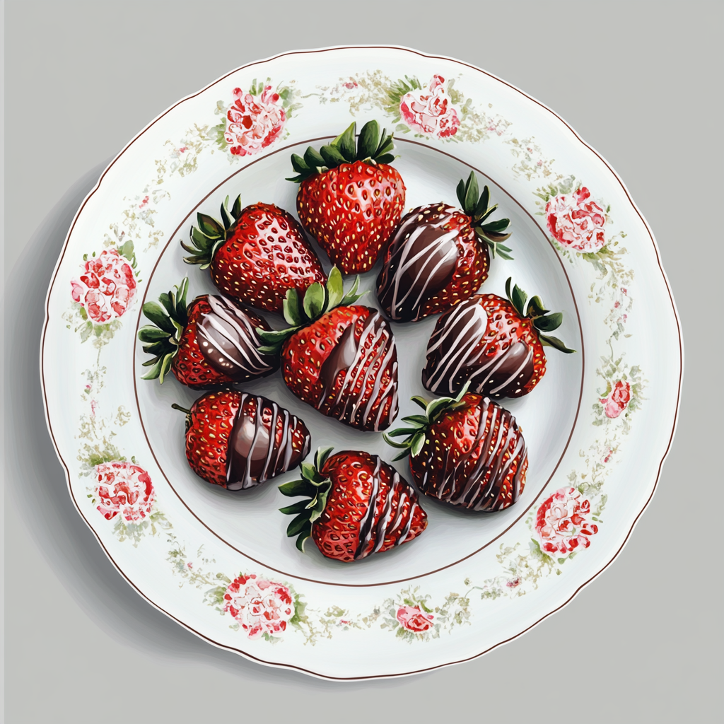 Chocolate Covered Strawberries on Ornate White Plate