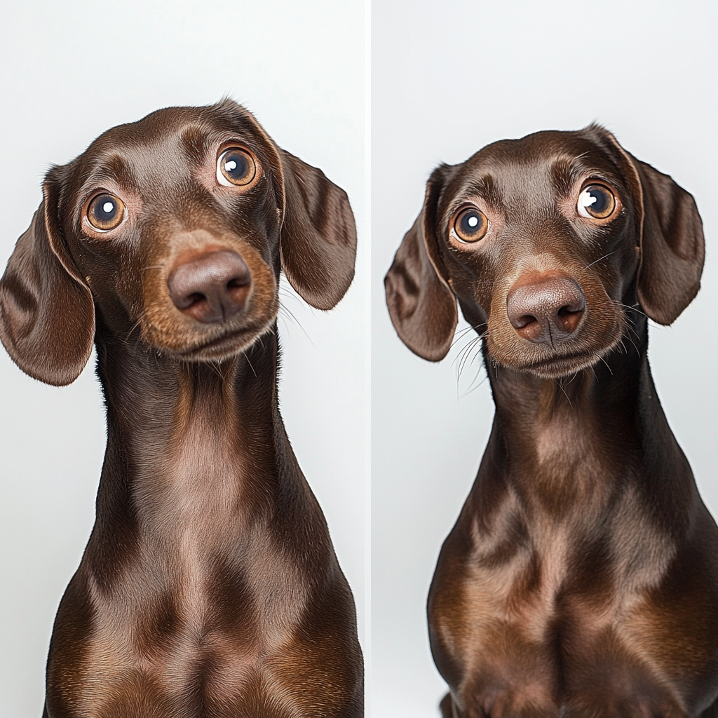 Chocolate dachshund sitting with warm and cool lighting studio.