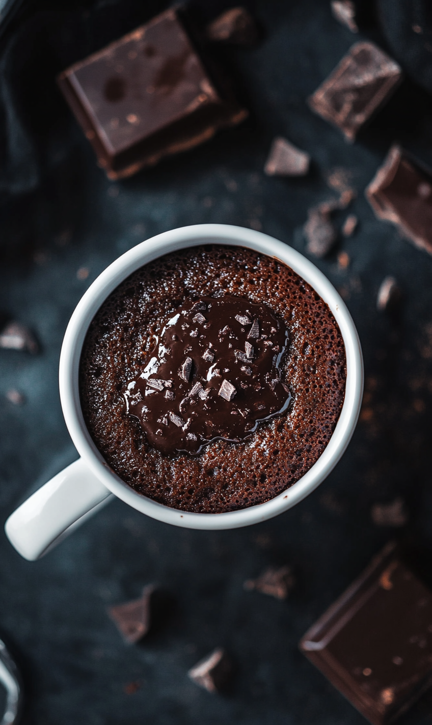 Chocolate mug cake, tempting close-up shot, elegant lighting.