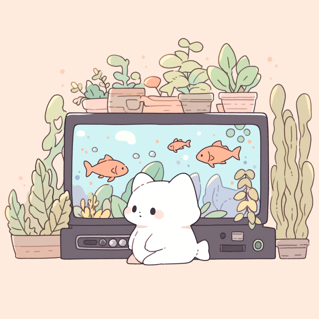 Chonky Cat Watches Fish on TV in Cozy Home