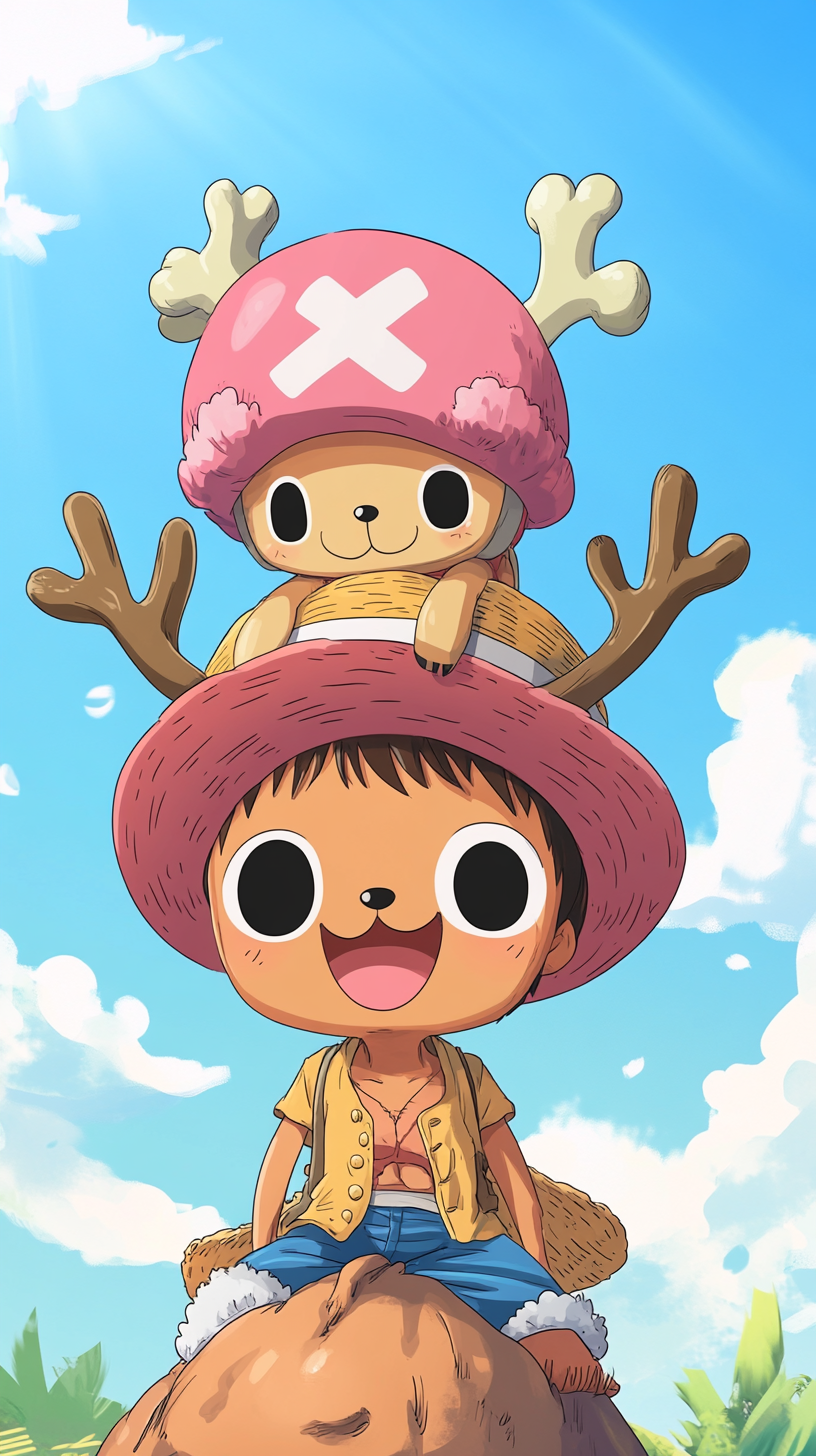 Chopper sits on Luffy's head, playful and surprised.