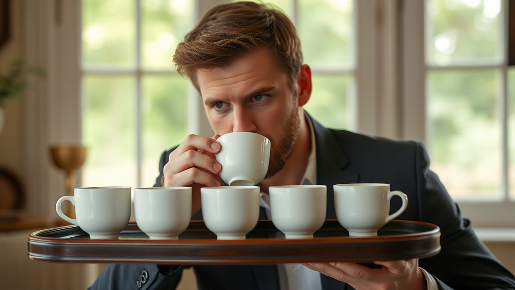 Chris Hemsworth drinking tea from tray with 5 cups.