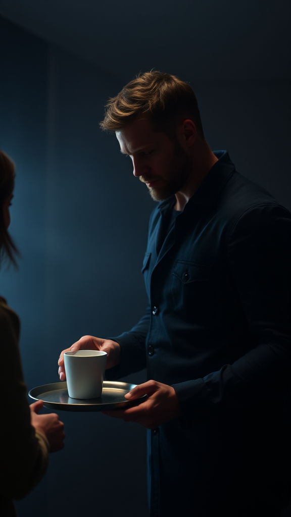 Chris Hemsworth takes a cup in dark room.