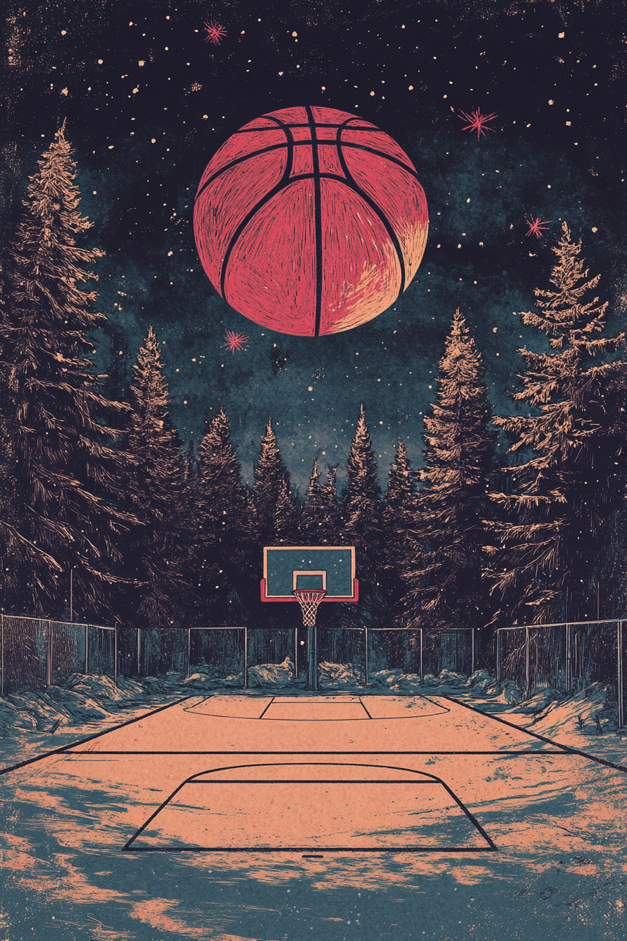 Christmas Basketball Court - A synthwave-style graphic featuring a dirty, old court.