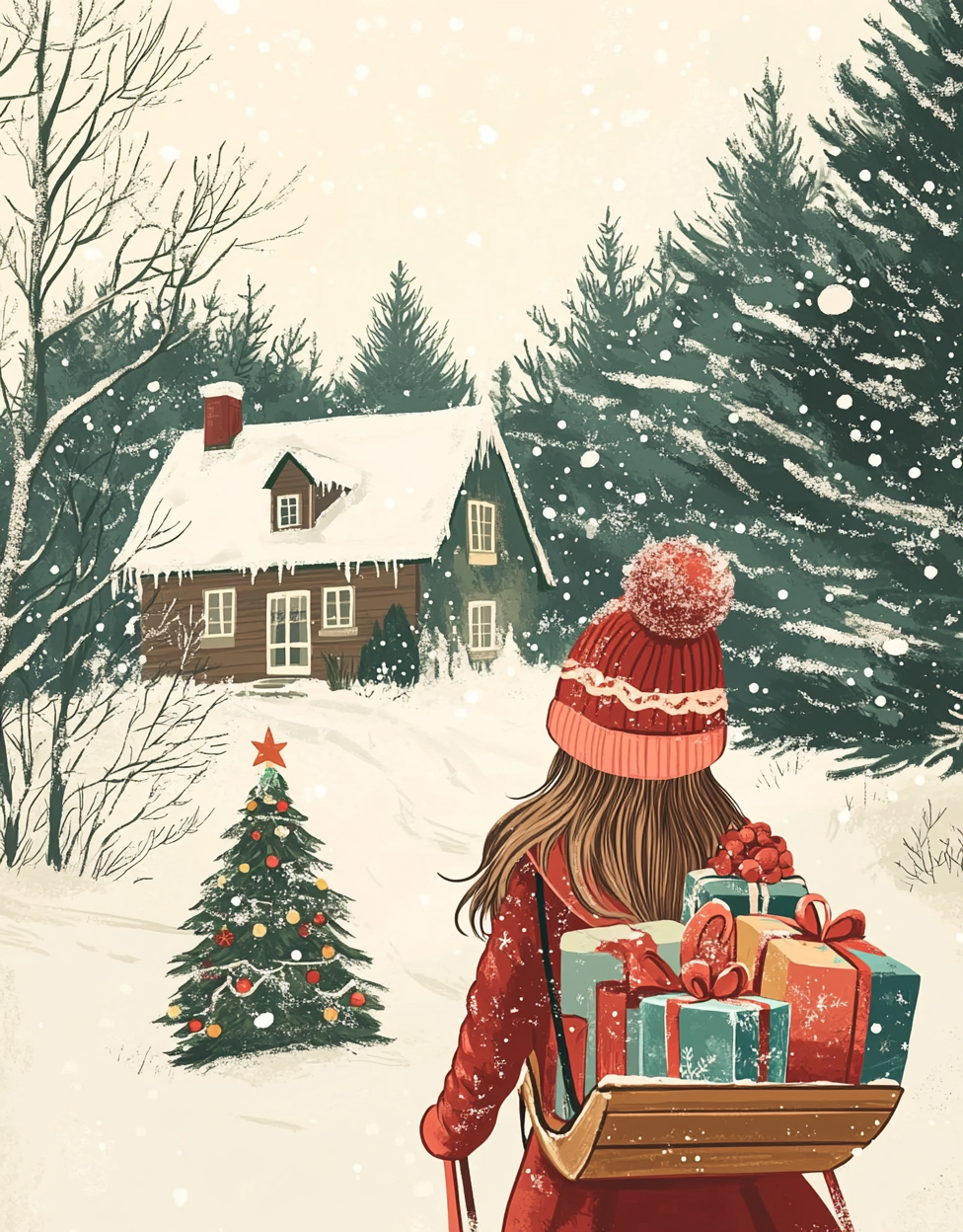 Christmas Girl with Gifts in Snowy Scene