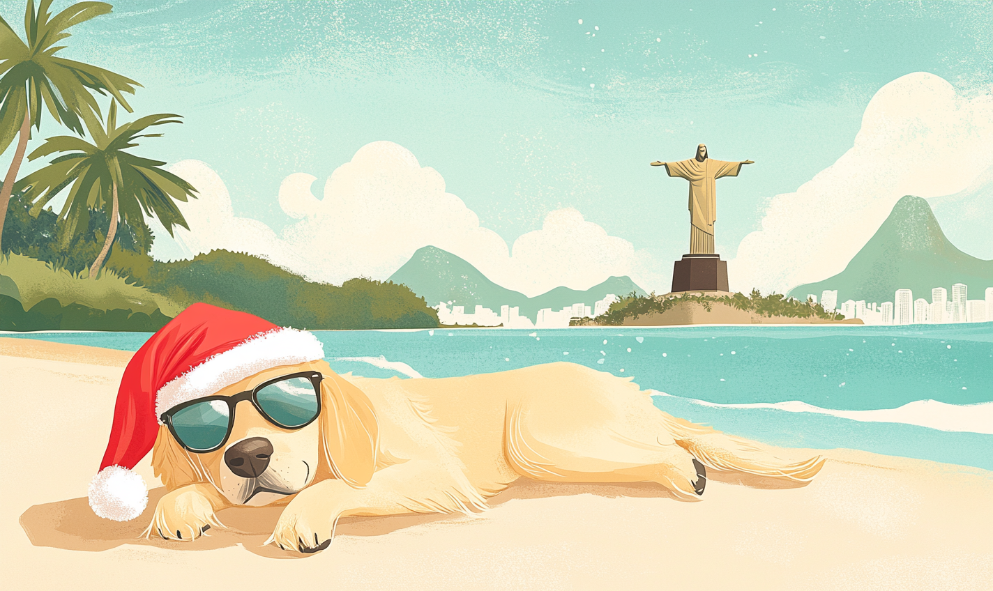 Christmas Golden Retriever relaxing on beach in Rio.