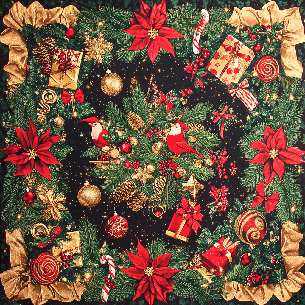 Christmas Season Fabric Design with Pine, Baubles, Roses 