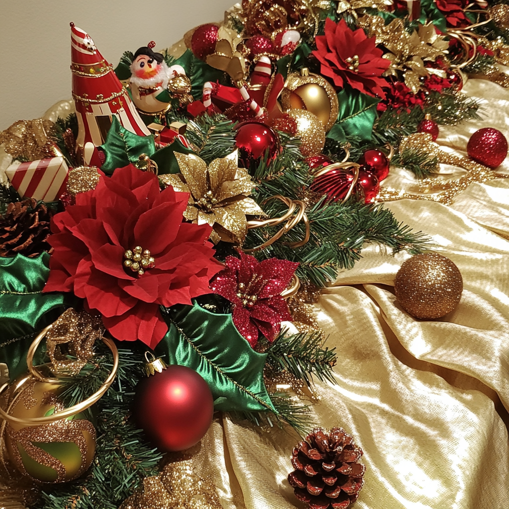 Christmas Season Tablecloth Design with Pine Tips and Baubles