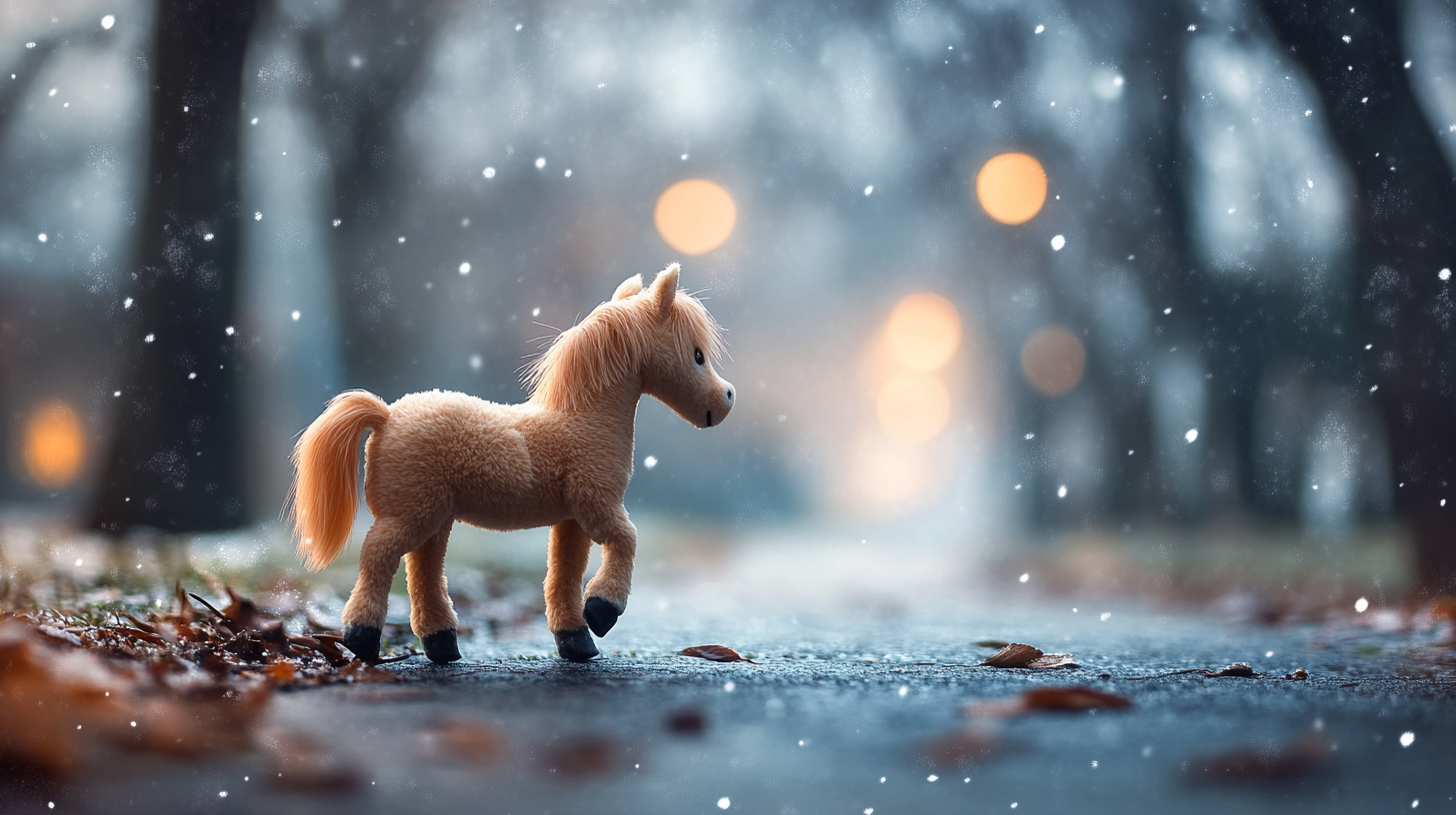 Christmas Stuffed Horse Toy in Snowy Park - 16:9