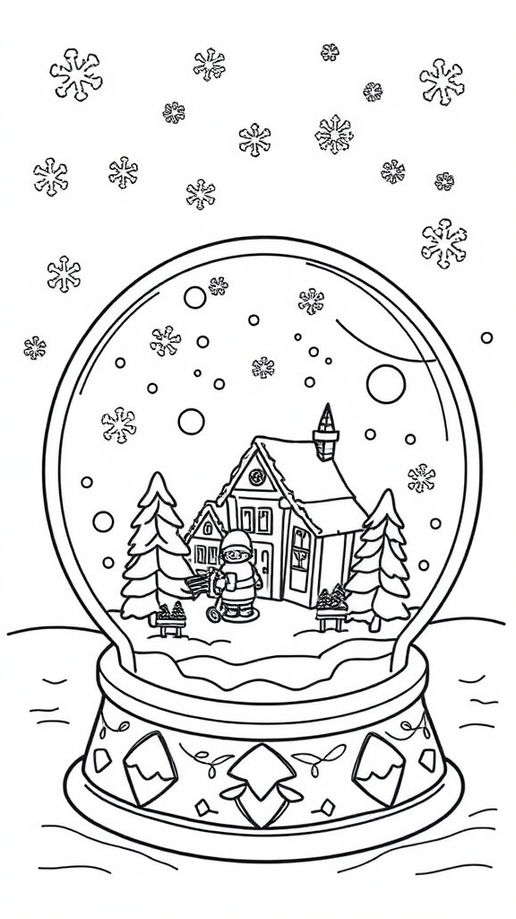 Christmas Village in Snow Globe Coloring Page.