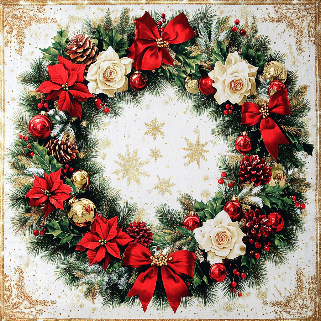 Christmas Wreath Fabric Design with Baubles and Roses