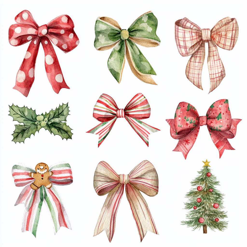 Christmas bows with Santa and gingerbread designs