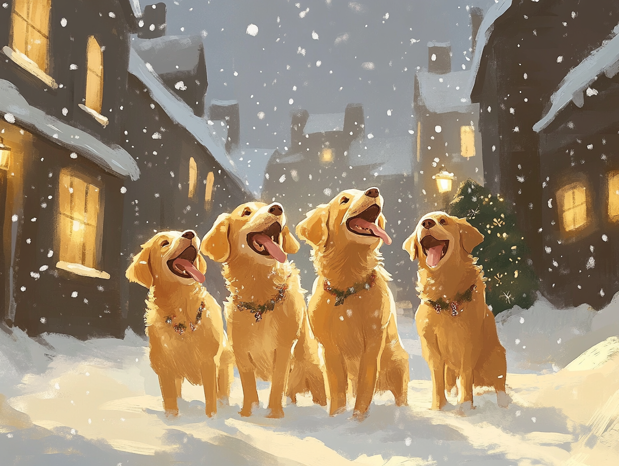 Christmas caroling Golden Retrievers in snowy village illustration.