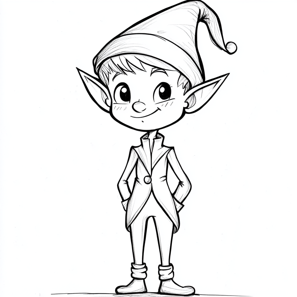 Christmas coloring page: simple elf in characteristic suit