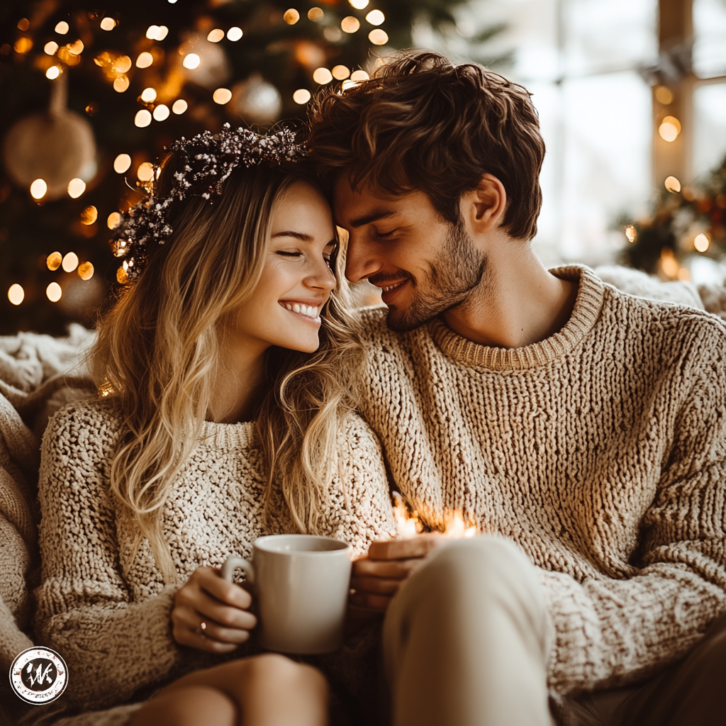 Christmas cozy couple by fireplace with decorations