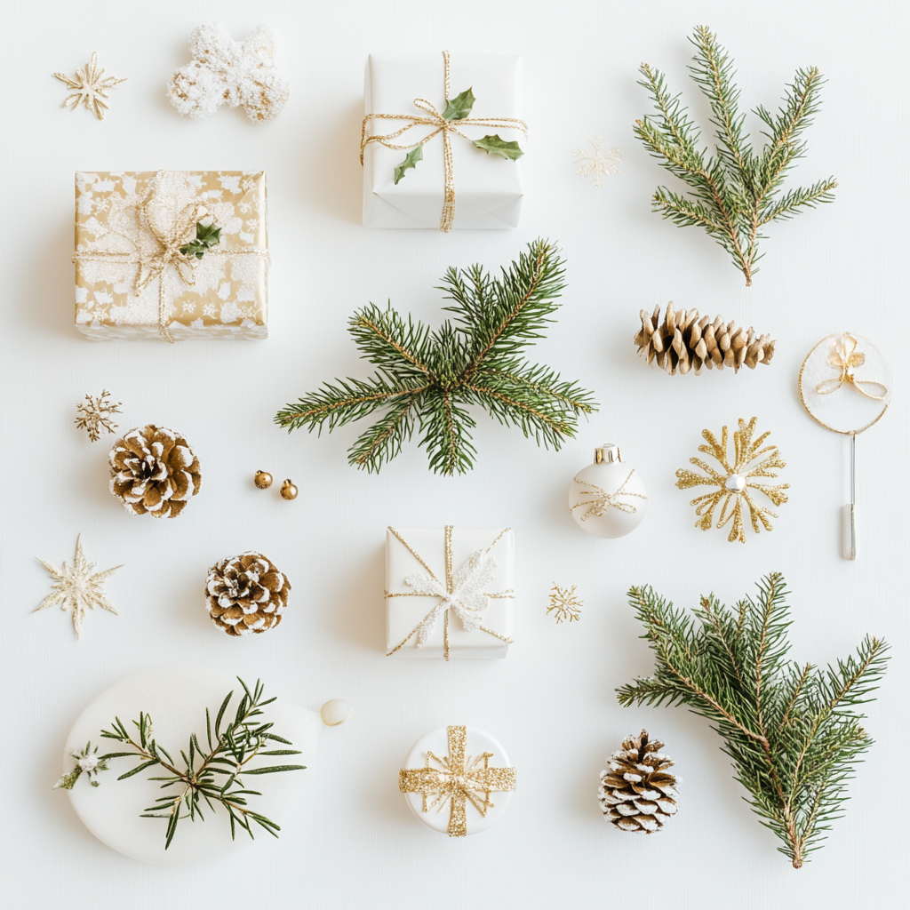 Christmas decoration top view on white background.