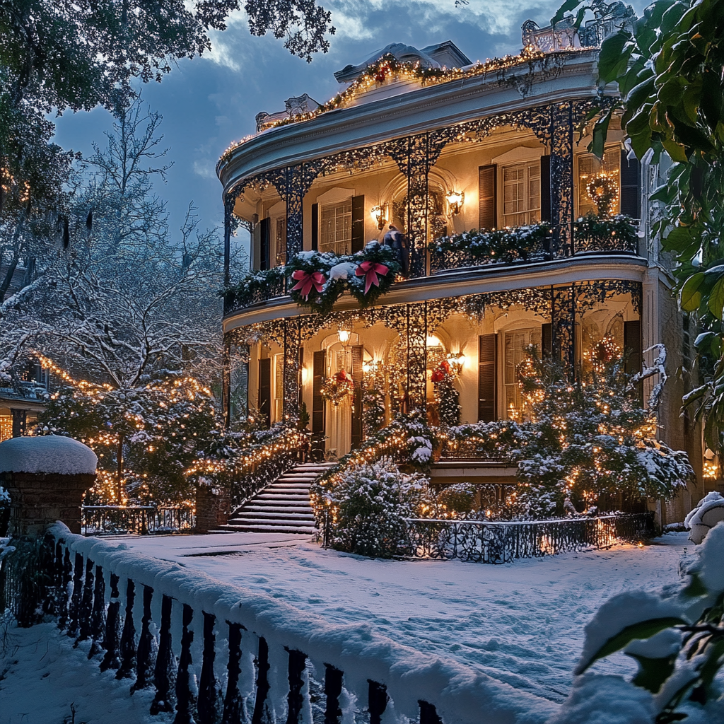 Christmas decorations on plantation house in New Orleans.